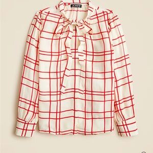 J. Crew Red and White Ruffled Blouse with Peter Pan Collar